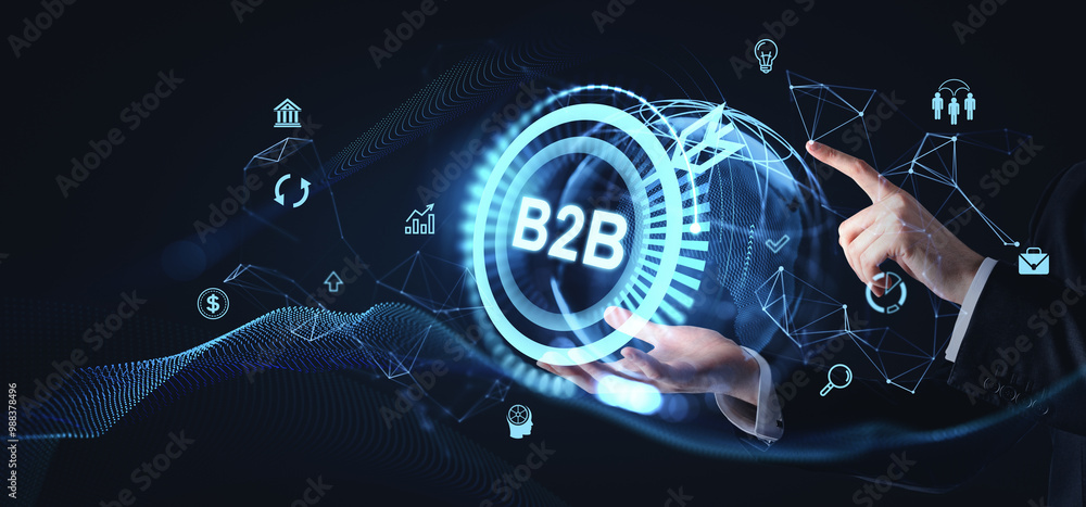Poster a digital b2b concept image shows hands interacting with holographic icons on a dark background. rep