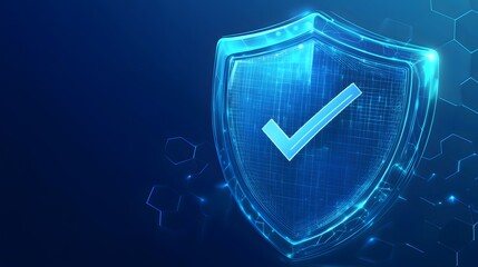 
Protection. Healthcare. Insurance. Cyber security. Network safety. Protection shield with Check mark icon inside transparent sphere shield with hexagon pattern on blue background. Vector illustration