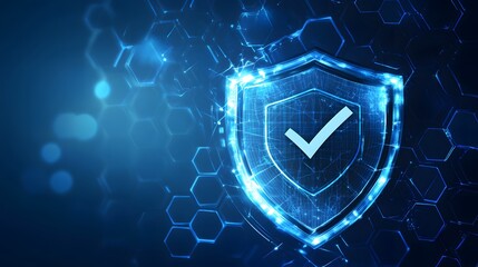 
Protection. Healthcare. Insurance. Cyber security. Network safety. Protection shield with Check mark icon inside transparent sphere shield with hexagon pattern on blue background. Vector illustration