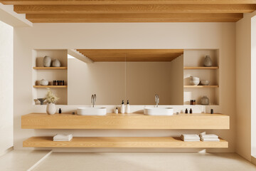 Modern luxury bathroom interior with wooden accents and minimalistic design. 3D Rendering