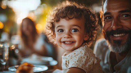 happy biracial family with small son during family dinner with grandparents outdoors in garden