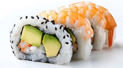Sushi featuring shrimp tempura, avocado, and rice, showcased in sharp detail on a white background