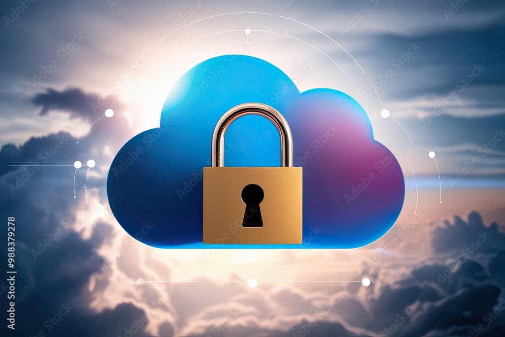 Poster vibrant cloud image with padlock representing safeguarding techniques and cybersecurity protocols