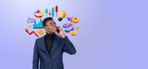 African businessman call on the phone, financial icons and copy space