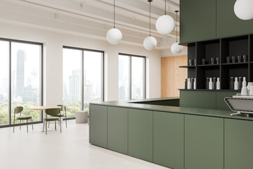 Modern cafe interior featuring a large green counter and minimalist furniture. The space is well-lit by large windows with a cityscape view, creating a contemporary atmosphere. 3D Rendering