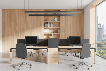 Modern office interior with wooden walls and large windows. 3D Rendering