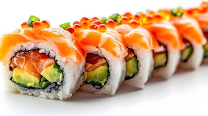 Colorful sushi roll with avocado, salmon, and roe, artistically placed on a pure white background