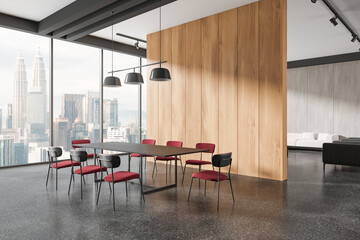 Modern dining area with a large table, red chairs, and pendant lights. The space features a wooden partition wall and large windows overlooking a cityscape. Contemporary interior design. 3D Rendering