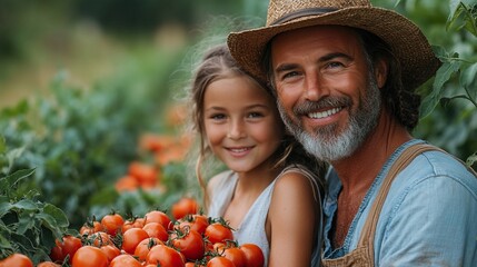 happy farmer family with fresh harvest together in garden in summer