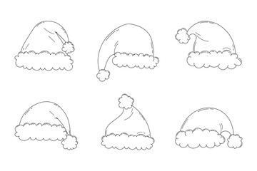Outlined Santa Claus hats icon set in hand draw cartoon style. Santa hats line art collection on white background. 