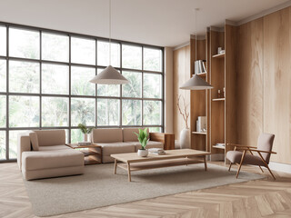 A contemporary living room featuring beige furniture, wooden elements, and large windows. Natural light fills the space, creating a warm and inviting atmosphere. 3D Rendering
