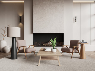 Modern Living Room Interior Design with Neutral Tones and Wooden Furniture. 3D Rendering