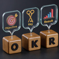 OKR Concept with Wooden Blocks and Symbols for Objective, Key, and Result