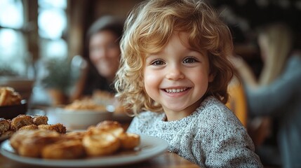 happy little boy having breakfast with his mother at home