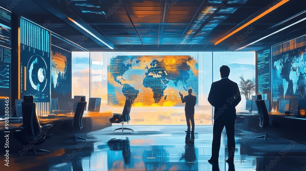 Poster futuristic global network operations center with world map display