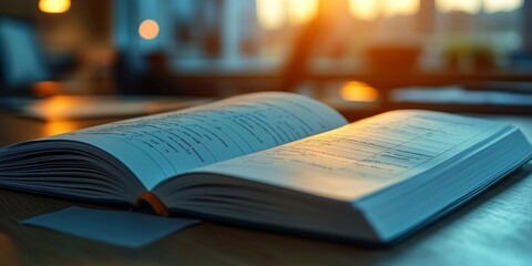 Open agenda book displayed prominently, soft office lighting creates a tranquil backdrop, inviting focus on organized notes and plans