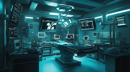 An operating room equipped with advanced surgical equipment, including 3D imaging systems and high-tech monitors, during a delicate procedure.