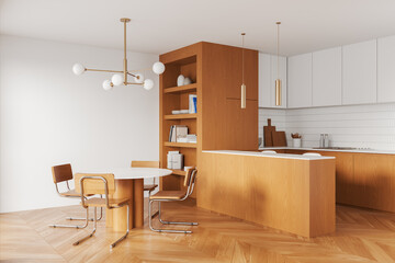 Home kitchen interior with eating table, bar counter and cabinet with shelves