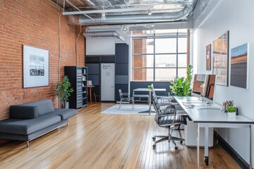 Modern loft workspace featuring sleek decor, natural light, and a spacious layout.