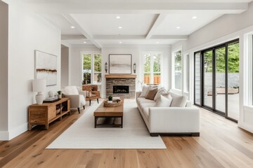 Fototapeta premium Spacious living room with modern furniture, natural light, and a white wall ready for artwork.