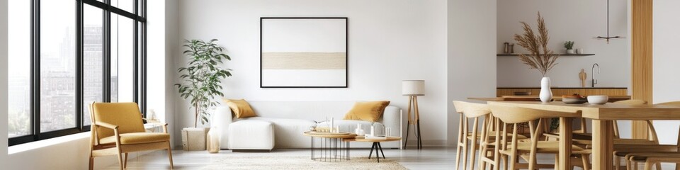 Stylish Scandinavian loft with white walls, modern furniture, and an open floor plan. Banner.