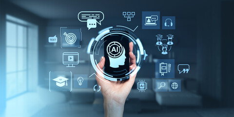 Hand holding phone AI icons hologram, chat bot and artificial intelligence