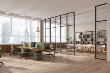 Modern office room interior with coworking and conference room with window