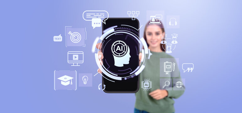 Woman holding smartphone displaying AI icon with educational sym