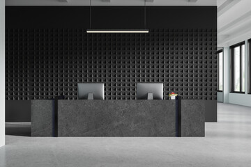 Modern office reception with geometric wall design. 3D Rendering