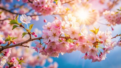 Obraz premium Pink cherry blossoms explosively bloom on curved branch swaying in gentle spring breeze under clear morning sunlight