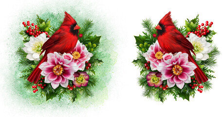 Christmas new year background, red cardinal bird, floral arrangement of hellebore flower, fir branches, winter bright berries, 3d rendering isolated on white background