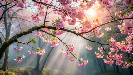 Fototapeta premium Soft Pink Cherry Blossoms bloom densely on a curved branch suspended in a misty forest atmosphere with filtered sunlight casting dappled shadows on the surrounding foliage.
