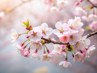 Obraz premium Pale pink cherry blossoms clustering tightly around slender branch set against misty soft focus background