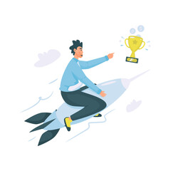 Businessman character riding dart pointing to success trophy illustration