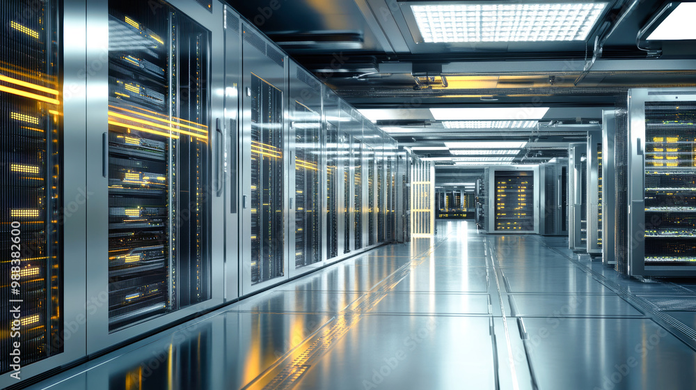 Poster rows of advanced servers and computer equipment fill the bustling data center, creating a sleek, hig