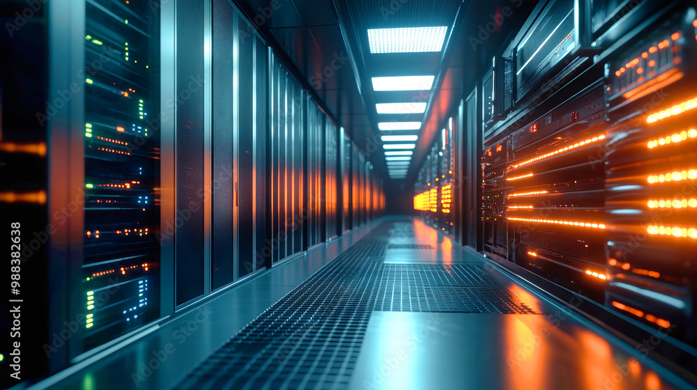 Poster a sleek corridor in a state-of-the-art data center features illuminated server racks, showcasing adv