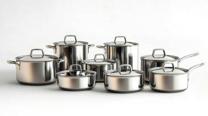This elegant group of stainless steel pots and pans showcases their sleek design and shiny finish, arranged harmoniously on a bright white surface