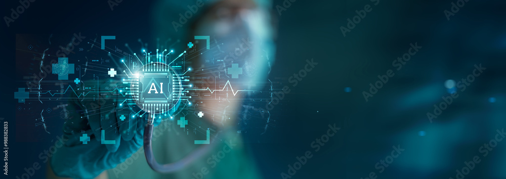 Aufkleber Medical AI, Digital healthcare technology and Medical data network connecting with smart AI holographic interface accuracy solution for patient. Future of healthcare, Medical Science and Technology.