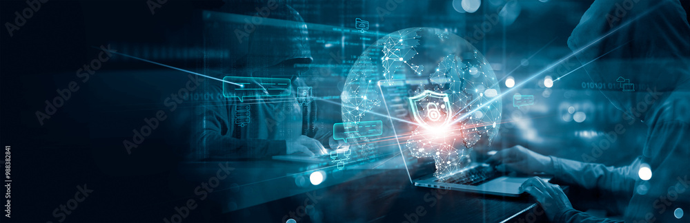 Aufkleber Cyber Attack, Cyber criminal, Teamwork of Hacker using laptop computer with code on interface and digital binary on background, Cyber security system and Internet crime concept.