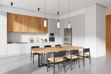 Modern kitchen interior with wooden elements and dining table. 3D Rendering