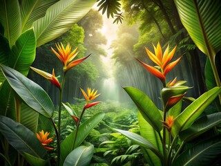 In a lush jungle scene, strelizia blooms tower above a tapestry of tropical leaves, illuminated by a shaft of golden light, with delicate textures and subtle shading.