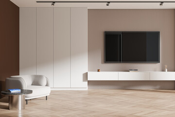 Fototapeta premium Stylish chill room interior with tv set and drawer, armchair on hardwood floor