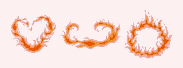 A set of hand drawn fire of different shapes and sizes. Vector illustration in flat style.