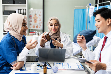 Medical team working blood sample healthcare doctor technology analyzed the results of medical reports, an online conference.