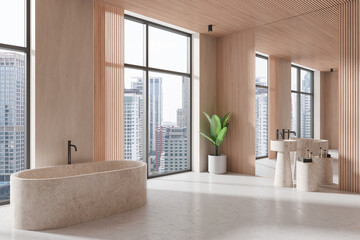 Luxurious bathroom featuring a large bathtub, modern sink, and plant in a minimalist design. Floor-to-ceiling windows offer a panoramic city view. 3D Rendering