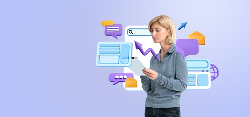 Pensive woman working with tablet, web windows and social media