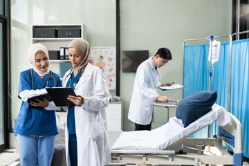 medical team head leaders discuss results, brainstorming and planning. Doctor, nurse.