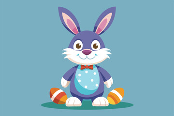 Obraz premium A cheerful, disproportionate Easter bunny stands next to colorful decorated eggs, ready for a joyful celebration.