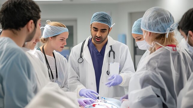 An instructor guiding a group of surgical residents through a complex procedure, with live demonstrations in a modern training facility.