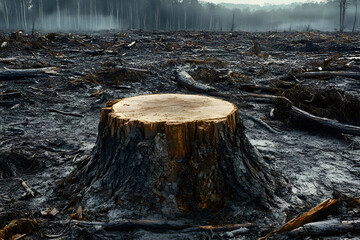 Deforestation impact, tree stump in clear-cut forest, environmental damage, habitat loss, climate change, illegal logging, ecological crisis, forest destruction, global warming, nature conservation
